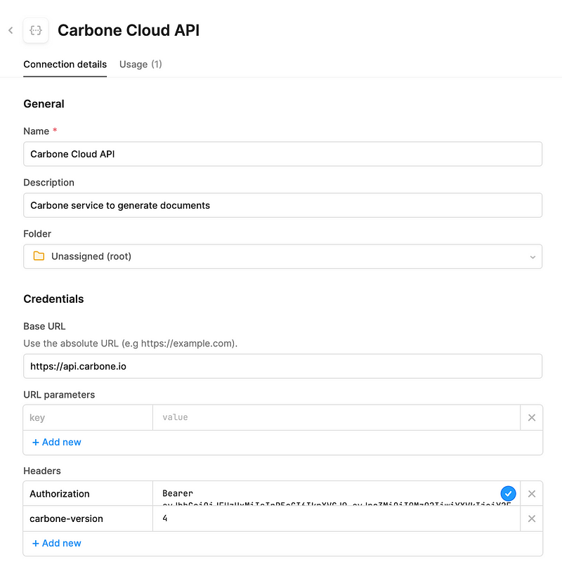Create REST API call for Carbone Cloud in Retool