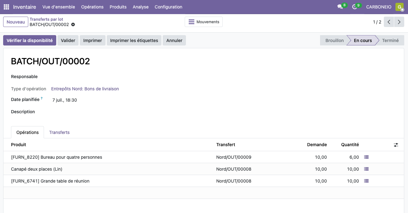 Bon de livraison Odoo avec quantité faite inférieure à la quantité demandée