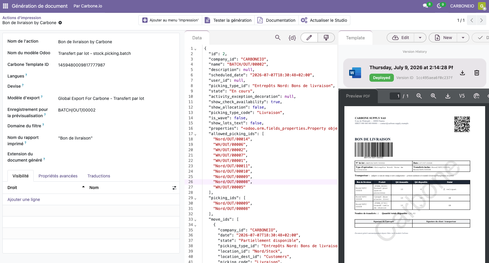 Configuration du rapport Carbone dans Odoo : template, format de sortie et menu Impression