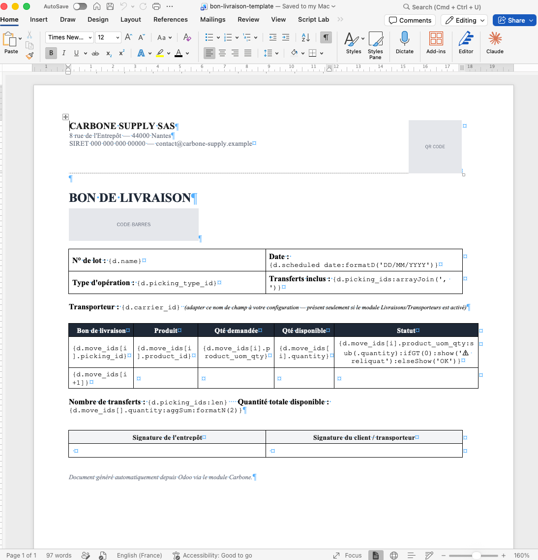 Template Word du bon de livraison avec les tags Carbone