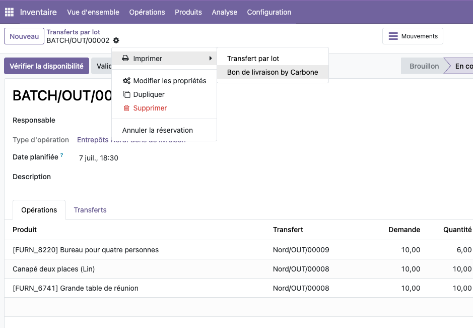 Lancement de la génération du bon de commande avec Carbone