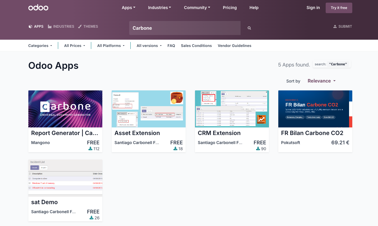 Carbone module page (report_carbone) in the Odoo Apps menu