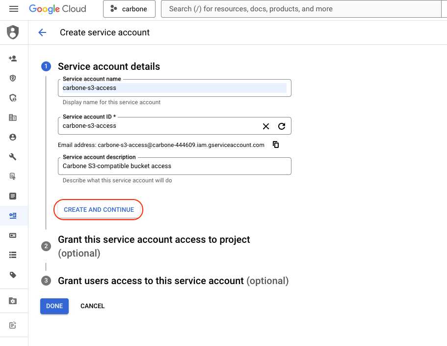 Service Account creation step 2