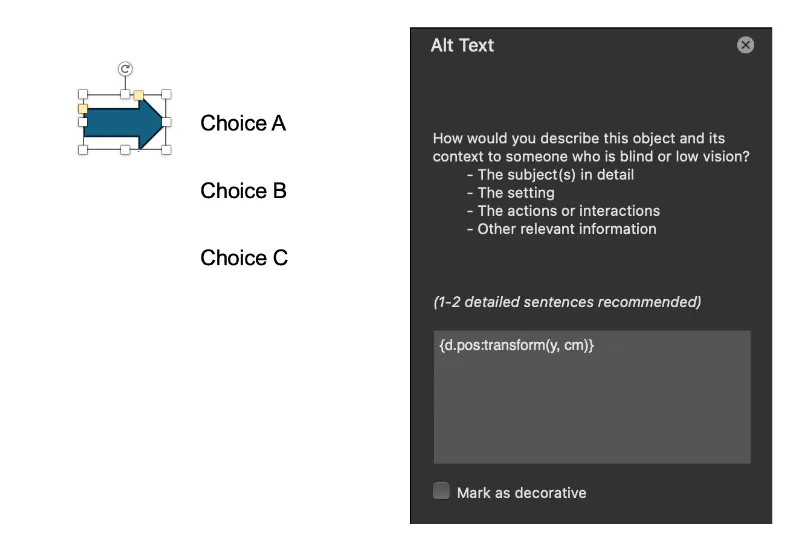 Template with transform tag in the alternative text