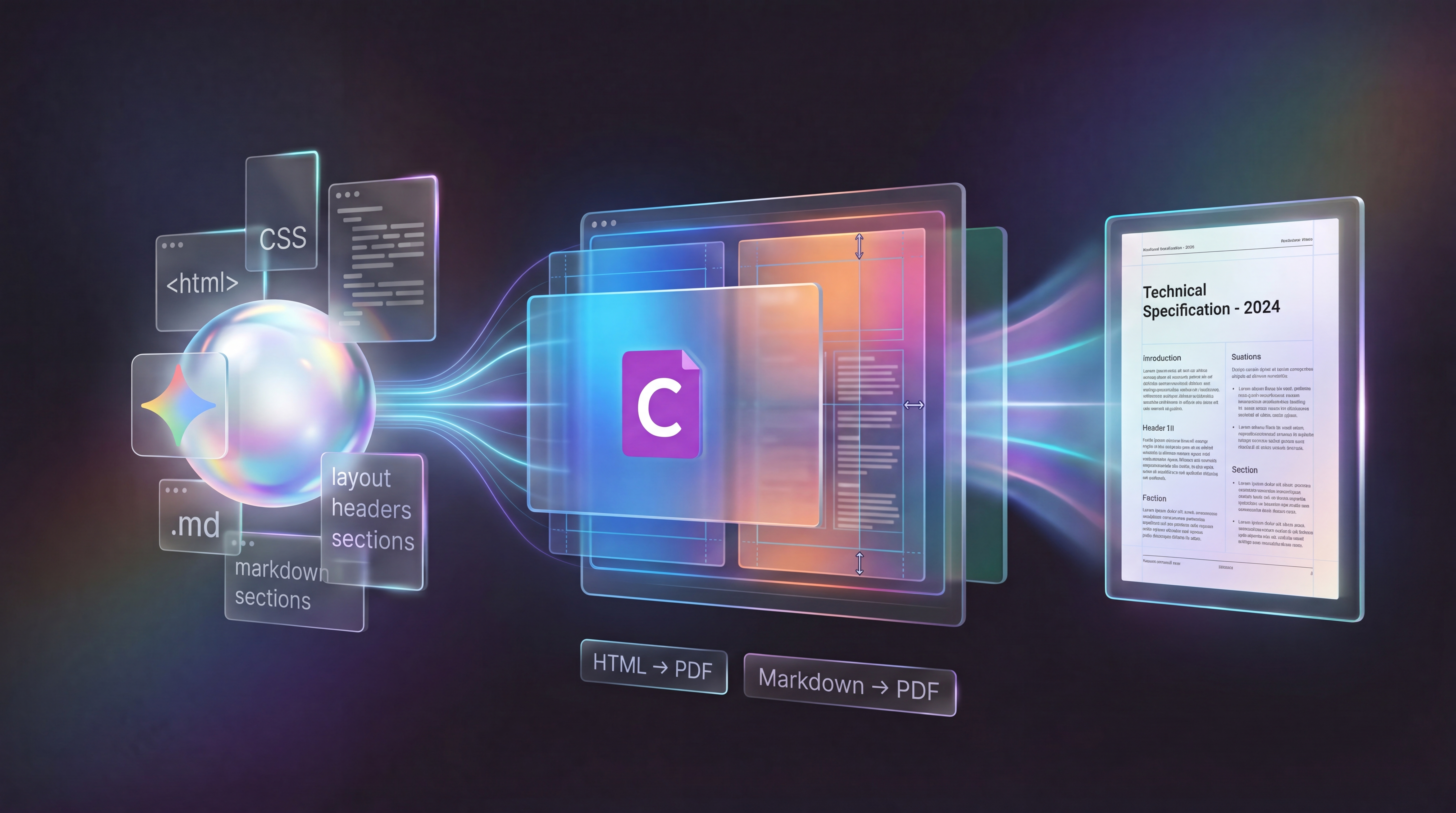 Gemini to PDF: turn HTML or Markdown into a polished document illustration